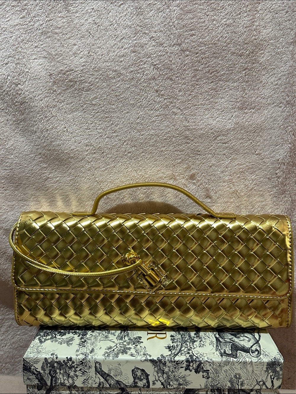 Women’s elegant Gold Woven Leather Top-Handle Clutch